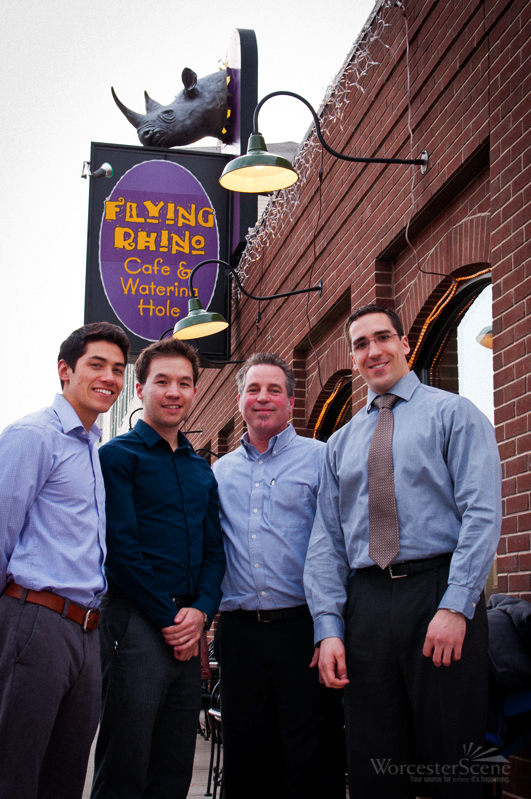 WooFood founders Adam Chin, Mitch Li, and Matthew DeWolf with Flying Rhino owner Paul Barber (third from left). WooFood Founders