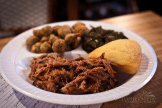 Pulled pork, fried okra, collard greens, and corn bread