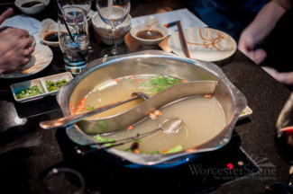 Splitting two broths, herb and original, at Chuan Shabu on Park Avenue in Worcester, MA