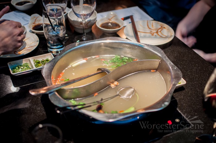 Splitting two broths, herb and original, at Chuan Shabu on Park Avenue in Worcester, MA