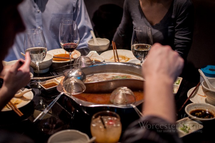 Splitting broths in the hot pot at Chuan Shabu on Park Avenue in Worcester, MA