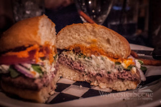 A peek inside of The Fix's Lamb Burger Special