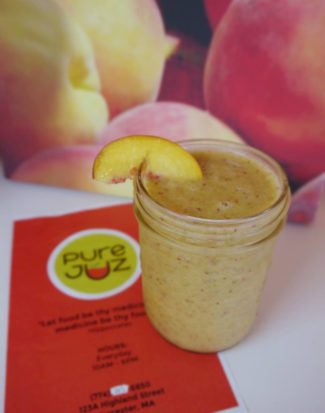 Peach, Nectarine, Apple and Mint. This refreshing smoothie helps you bring yourself back from vacation, and get prepared for work or school. See you at Pure Juz! Peach, Nectarine, Apple and Mint. This refreshing smoothie helps you bring yourself back from vacation, and get prepared for work or school. See you at Pure Juz!