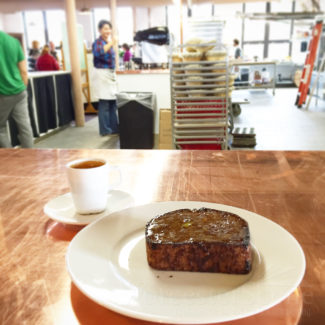 Thick sliced whole wheat oat bread with butter and honey with an espresso at BirchTree Bread Company on Green Street in Worcester, MA