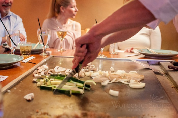 Grilling the vegetables for the steak and vegetable dish at Takara on Millbury Street in Worcester, MA
