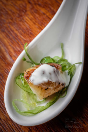 Wok-seared bay scallops in wakame and wasabi crème fraiche (Taken by Erb Photography for Mass Foodies).