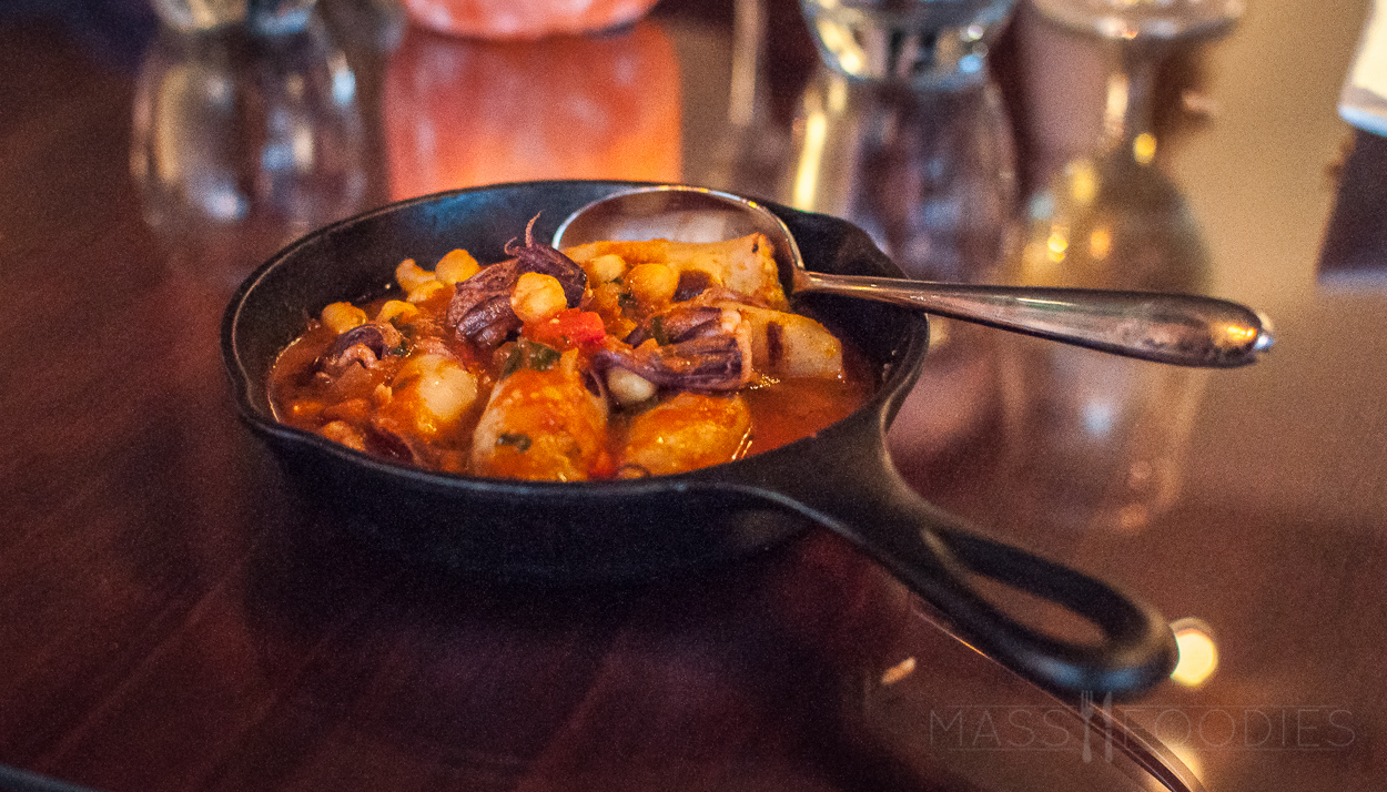 Chorizo Stuffed Calamari with Zesty Tomato Broth and Chickpeas from Lock 50 on Water Street in Worcester, MA