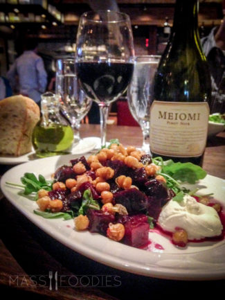 Via's Beet Salad, which is served with whipped goat cheese, balsamic reduction, fresh arugula, and fried garbanzo beans pairs beautifully with the Meiomi Pinot Noir.