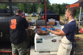 Chef Treitman from B.T.'s Smokehouse working with Chef Evangelous of Armsby Abbey.
