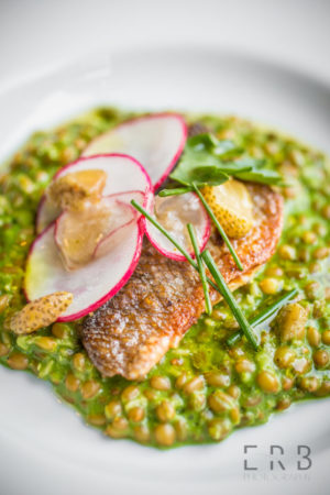 Course 2: Lubina [Veta la Palma] a la plancha, phytoplankton “risotto”, radishes, herbs, pickled green strawberries at Mass Foodies' Chef's Best: The Evangelous Experience. (Photo by Erb Photography)