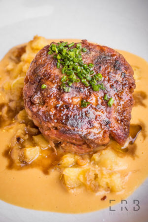 Course 3: Slow cooked lamb neck [Lilac hedge], summer squash and lamb marrow puree, local potatoes, lovage, celery, jus at Mass Foodies' Chef's Best: The Evangelous Experience. (Photo by Erb Photography)