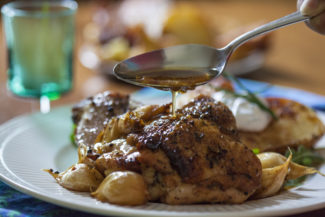 UXLocale's Chicken-brew-gaga. Chicken seared and roasted with 40 cloves of garlic fresh thyme and a local brew, Wormtown's Blonde Cougar.