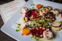 Josper Grilled Octopus Salad: Beet carpaccio, parsnip, carrot, micro arugula, parsley, shallot, lemon, olive oil, sherry balsamic reduction, shaved Idiazabal, Maldon salt