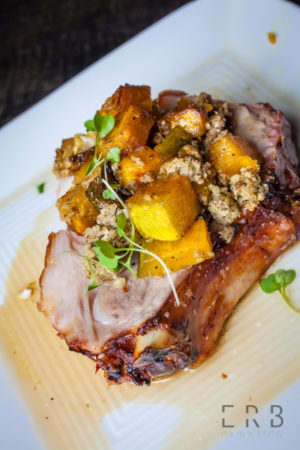 Kurobuta Pork Loin: Roasted Brussels, buttercup squash, foie gras maple syrup, crumbled house sausage