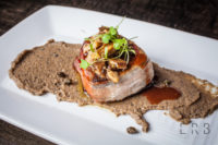Pan-Roasted Bacon-Wrapped Short Rib: Charcoal charred celery root purée, mushroom conserve, rioja glaze
