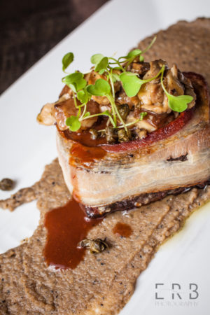 Pan-Roasted Bacon-Wrapped Short Rib: Charcoal charred celery root purée, mushroom conserve, rioja glaze