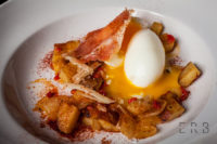 “Spanish Western Omelet”: New potato home fries, soft boiled egg, serrano, piquillo pepper, onion, grilled toast, smoked sea salt
