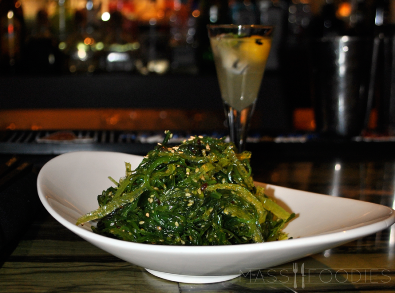 Quail Egg Oyster Shooter and an order of the Kaiso Seaweed Salad from BABA Sushi.