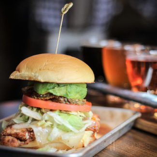 A burger and beer flight from Mac & Walt’s in Norton, Massachusetts