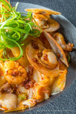 Simjang's spicy seafood stew, which also features baby cuttlefish, and Florida rock shrimp. (Erb Photo for Mass Foodies)