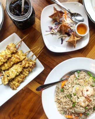 Shrimp fried rice, chicken satay and crab ragoons from Rice Violet on Main Street in Worcester, MA