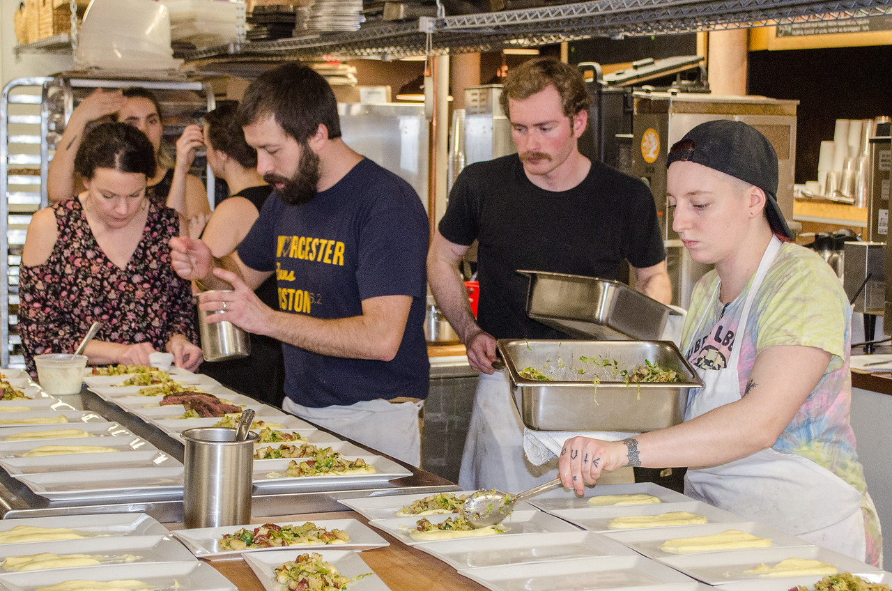 The staff at BirchTree Bread Company preparing for their wine and cheese dinner pairing Ruby Wines with food from Couët Farm in Dudley and Chimney Hill Farm in Charlton (Alex Belisle)