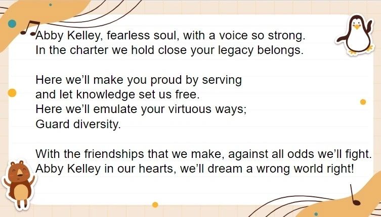 The Abby Kelley Foster Charter School anthem, as taught by elementary school music teacher Deanna Yoder (photo submitted)