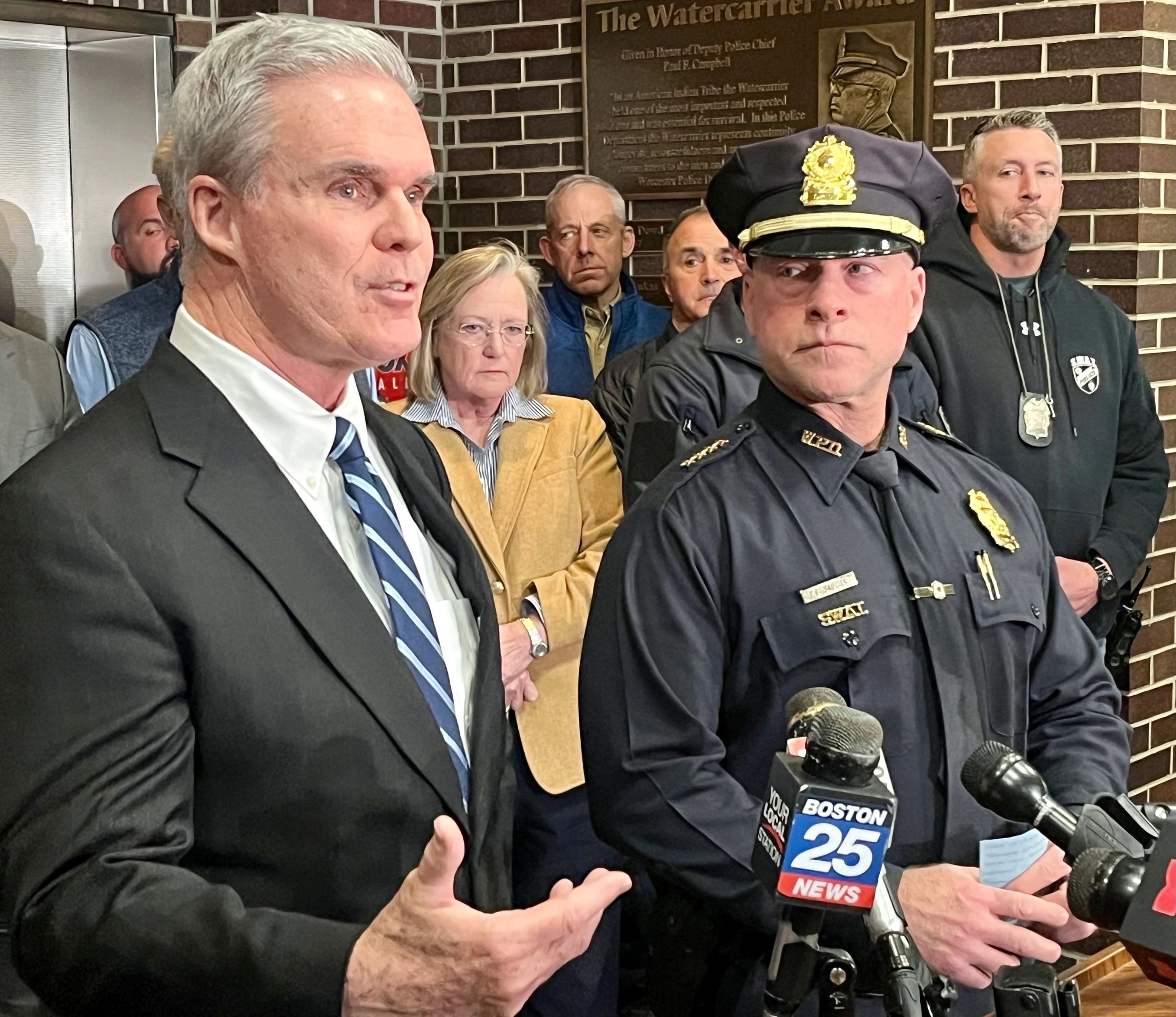 DA Joe Early and Interim Police Chief Paul Saucier at a press conference following a recent homicide in the city (photo via city of Worcester)