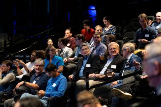 Audience members watch a 2023 pitch competition in the Brick Box Theatre (photo submitted)