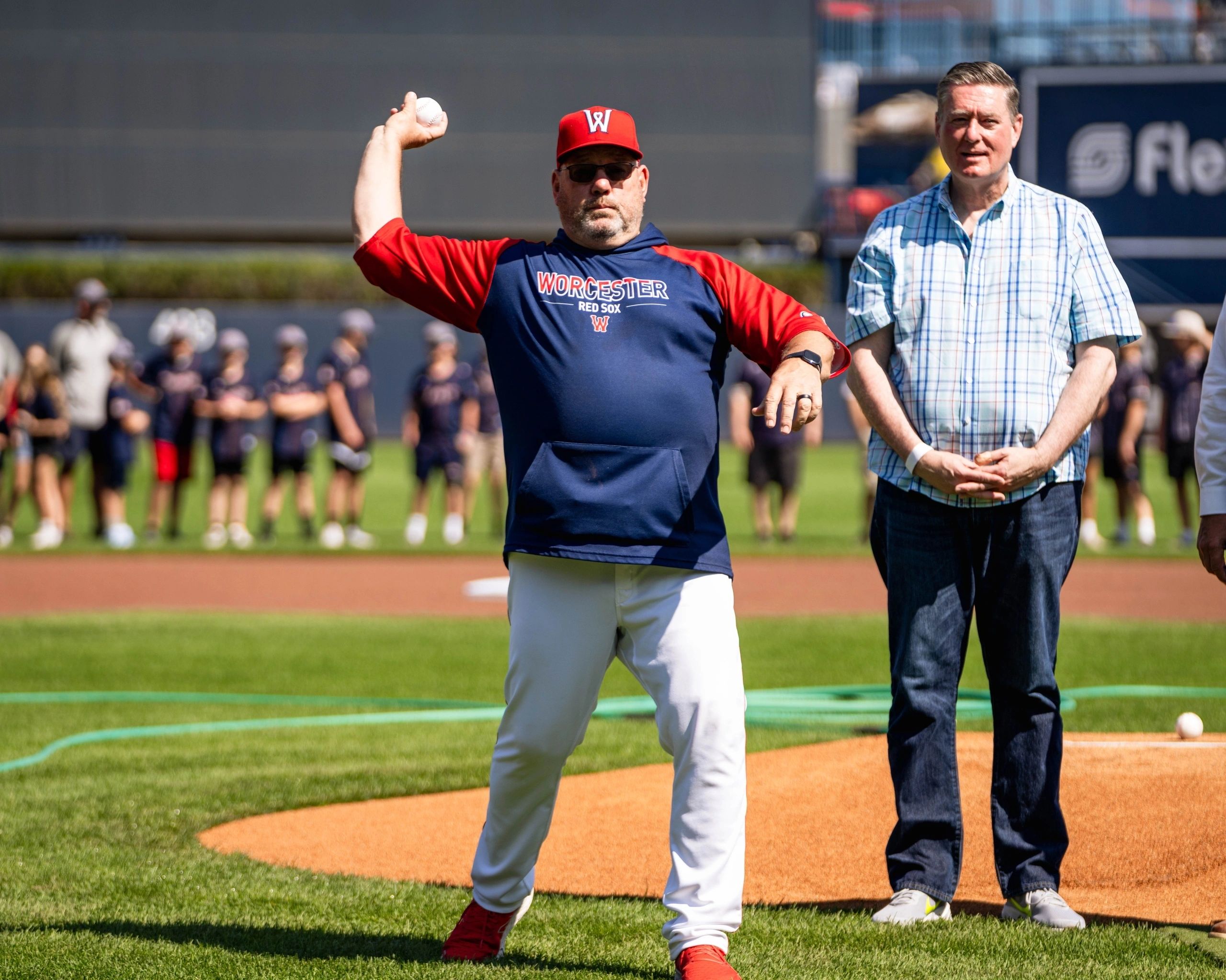 Ceremonial first pitch by Rich Gedman, with Ed Augustus (photo courtesy Worcester Red Sox)