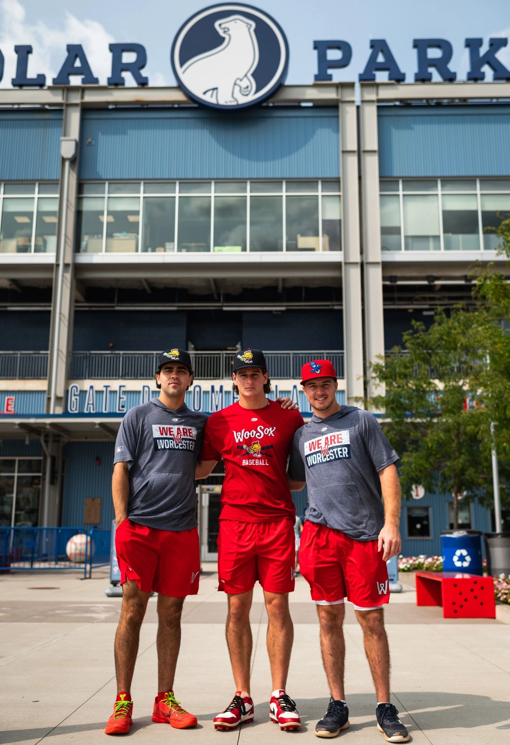 From left to right, standing in front of Polar Park: Marcelo Mayer, Roman Anthony, Kyle Teel (photo courtesy)