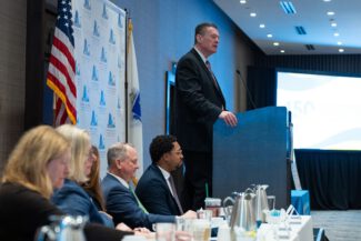 Former Worcester Mayor Ed Augustus spoke at the Worcester chamber's Breakfast Club meeting on March 6 (photo by Bromly Domingo/the Worcester Guardian)