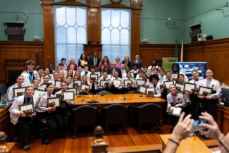 The Worcester School Committee congratulates Burncoat's pep band and spirit team at its most recent committee meeting (photo by Bromly Domingo/the Worcester Guardian)