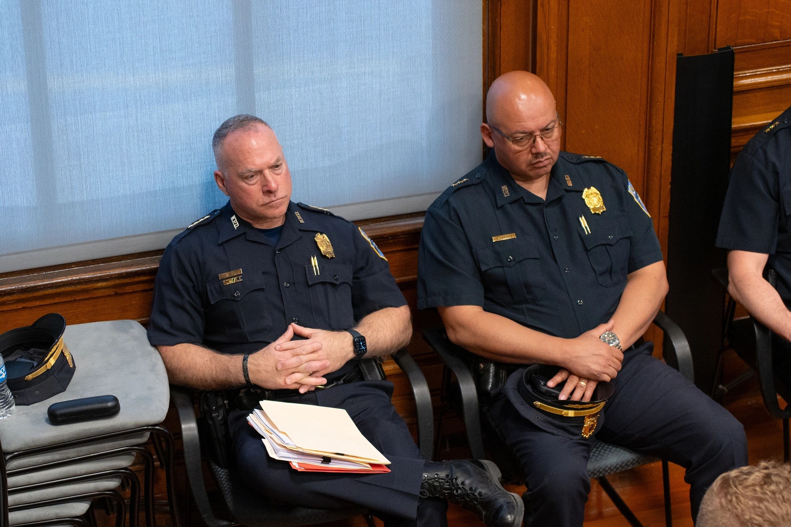 Chief Paul Saucier (left) presented and defended the WPD's response to the DOJ report released at the end of last year (photo by Bromly Domingo/the Worcester Guardian)