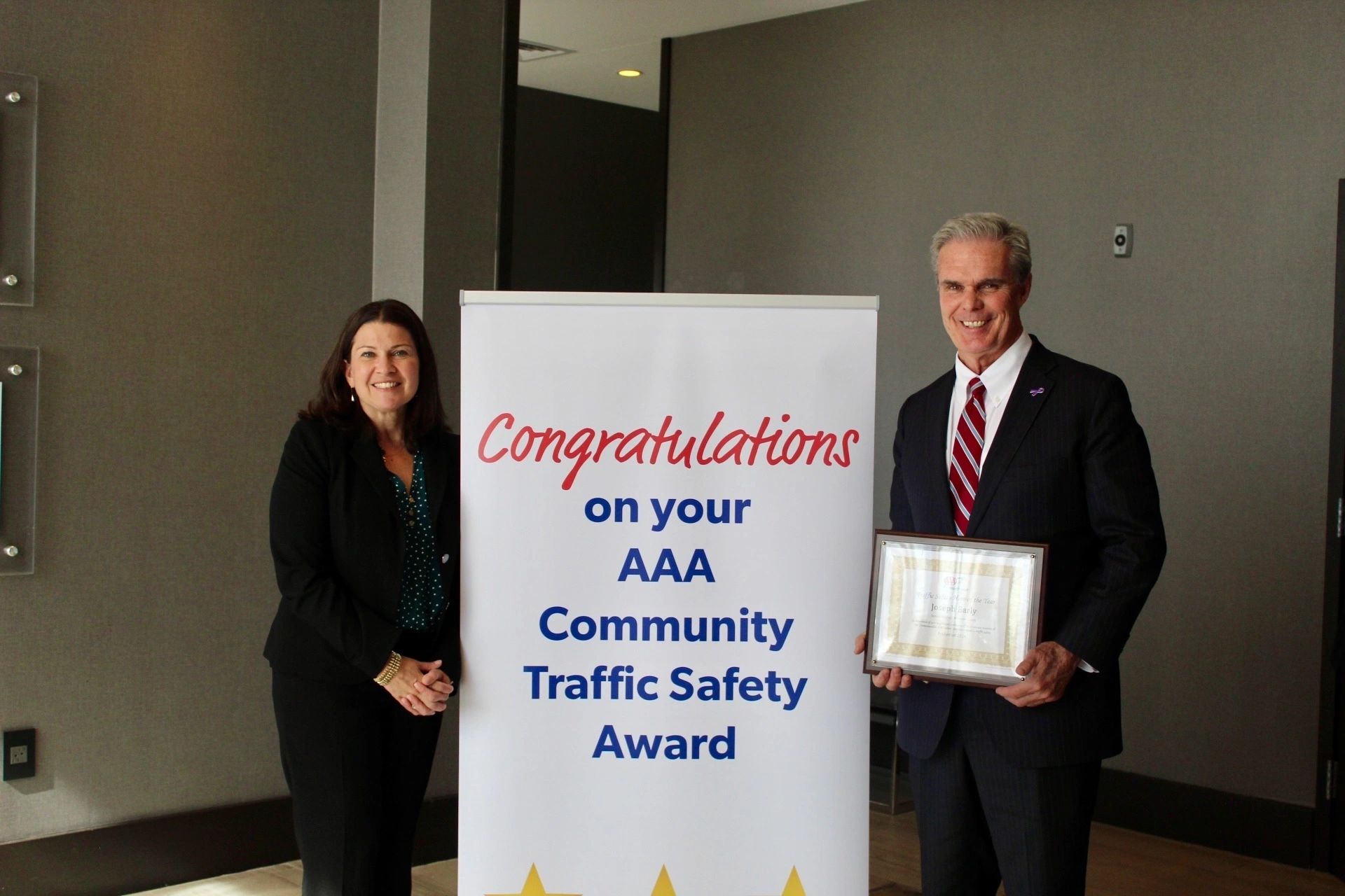Worcester County District Attorney Joseph D. Early Jr. (right) pictured with other Traffic Safety Hero Awardee Jeff Larason (left) and Traffic Safety Journalist Bob Seay (center) (photo courtesy AAA)