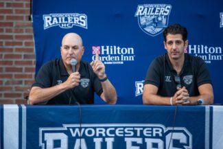 Railers coaches Bob Deraney on left