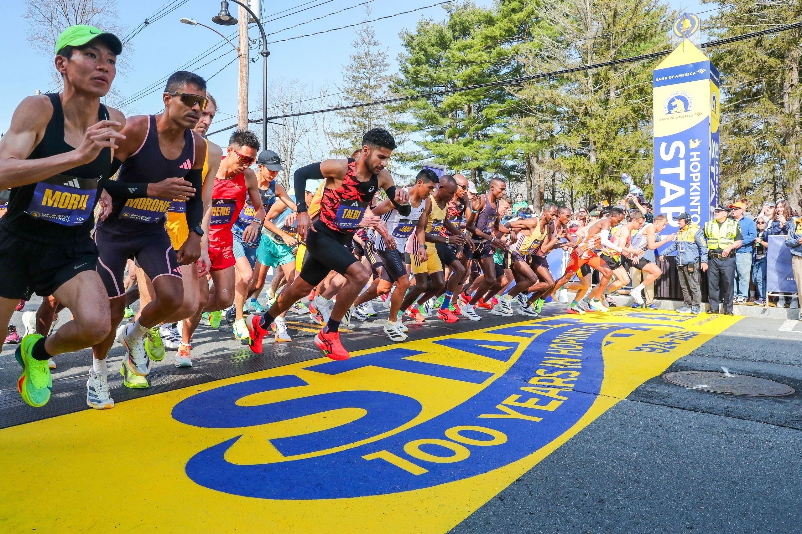 Runners take off from the Hopkinton starting line at the 2024 Boston Marathon (photo credit: Boston Athletic Association)