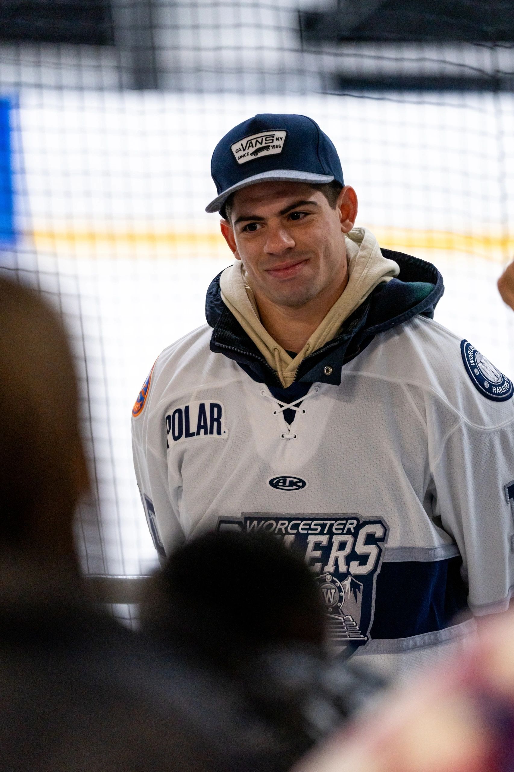 Railers center Jordan Kaplan being interviewed by the students (photo by Bill Ballou)