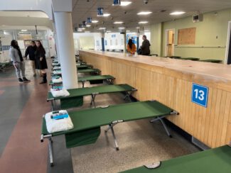 Cots set up in the former RMV building on Main Street. The location is acting as an emergency winter shelter in Worcester