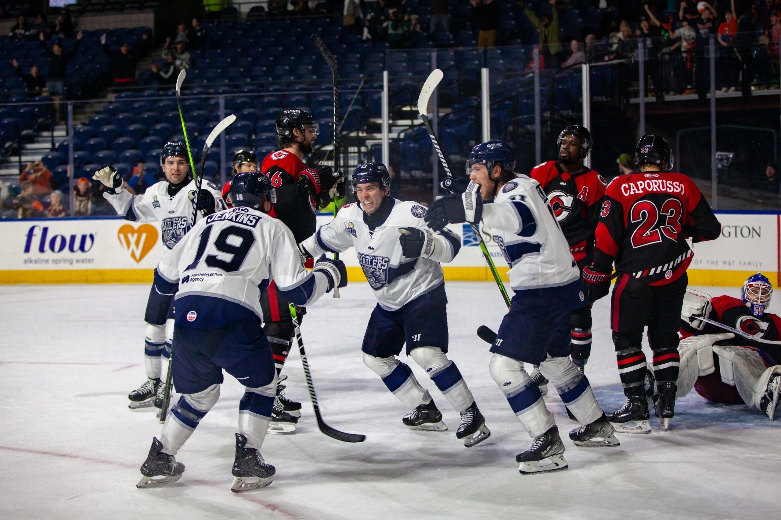From L-R, eft to right, Ashton Calder, Blade Jenkins, Pivonka and Andrei Bakanov as Jake Pivonka celebrates a goal (photo by Ben Schenck)