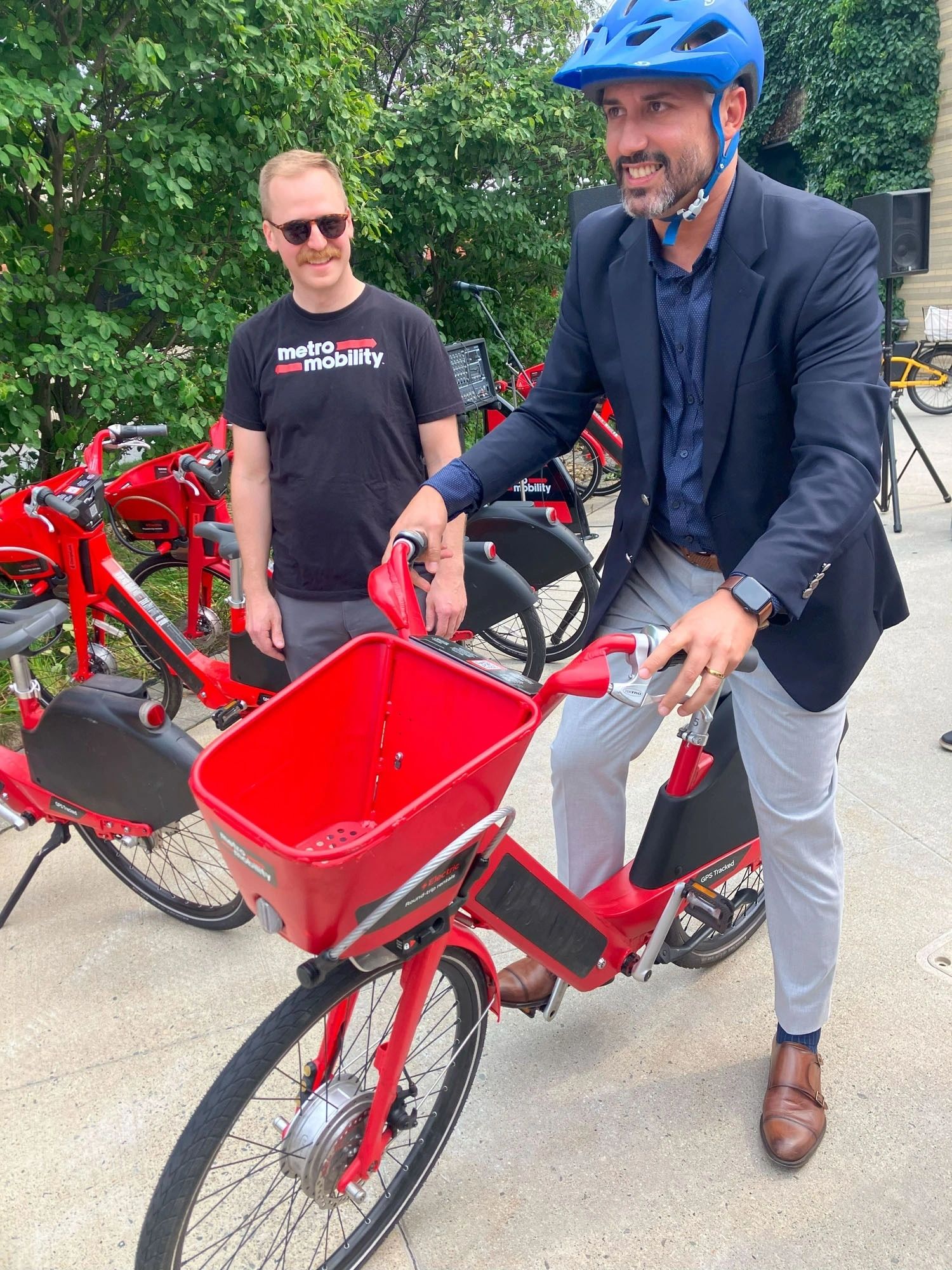 City Manager Eric Batista takes a spin on one of the new e-bikes (photo courtesy)