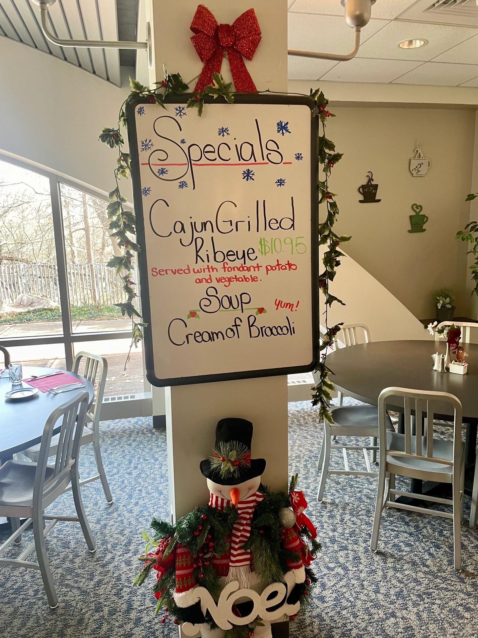 The specials board at the Skyline Bistro at Worcester Technical High School on Wednesday (photo by Bill Doyle)