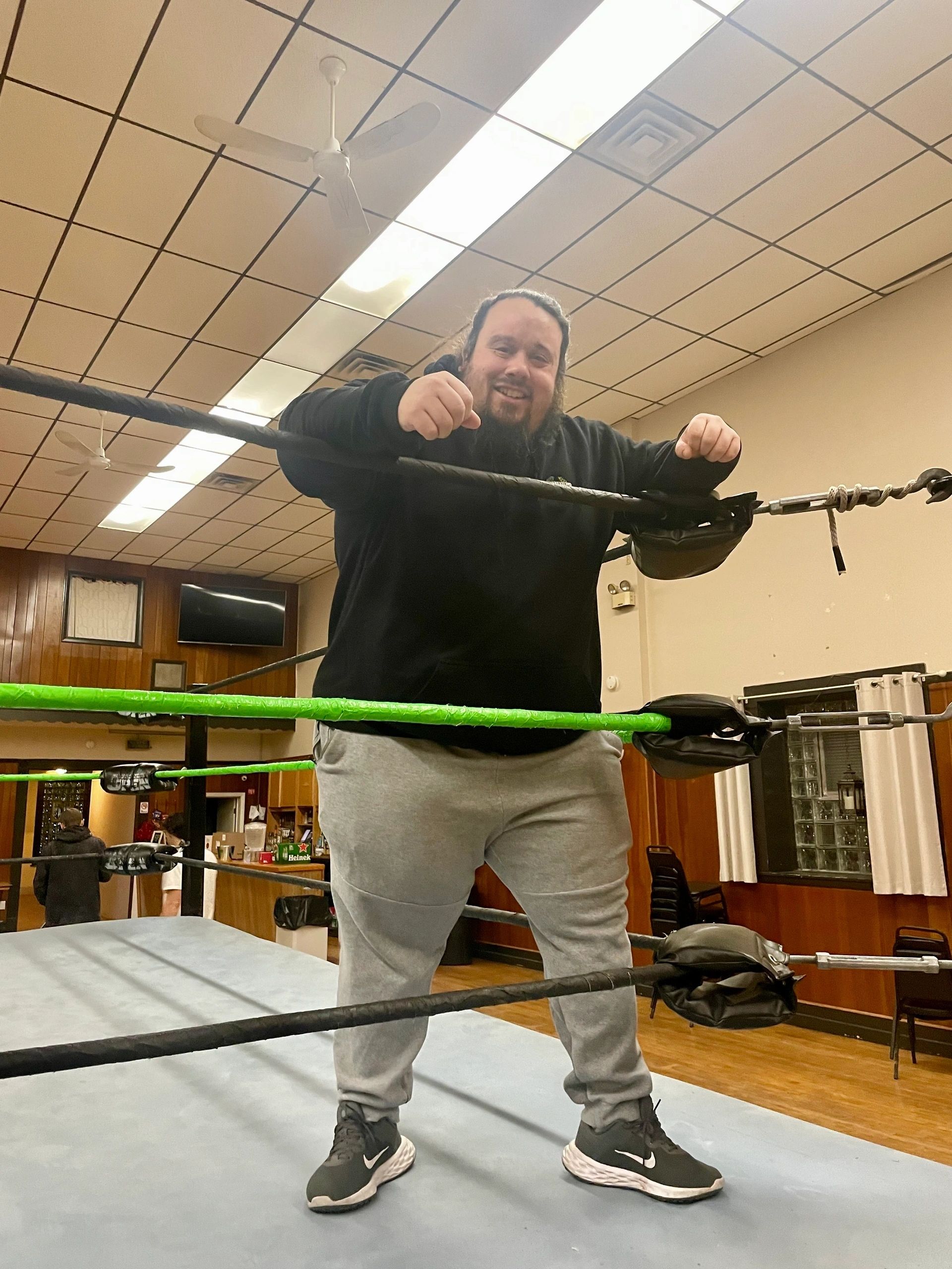 Beyond Wrestling owner Drew Cordeiro stands in the ring at the White Eagle Polish Club (photo by Bill Doyle)