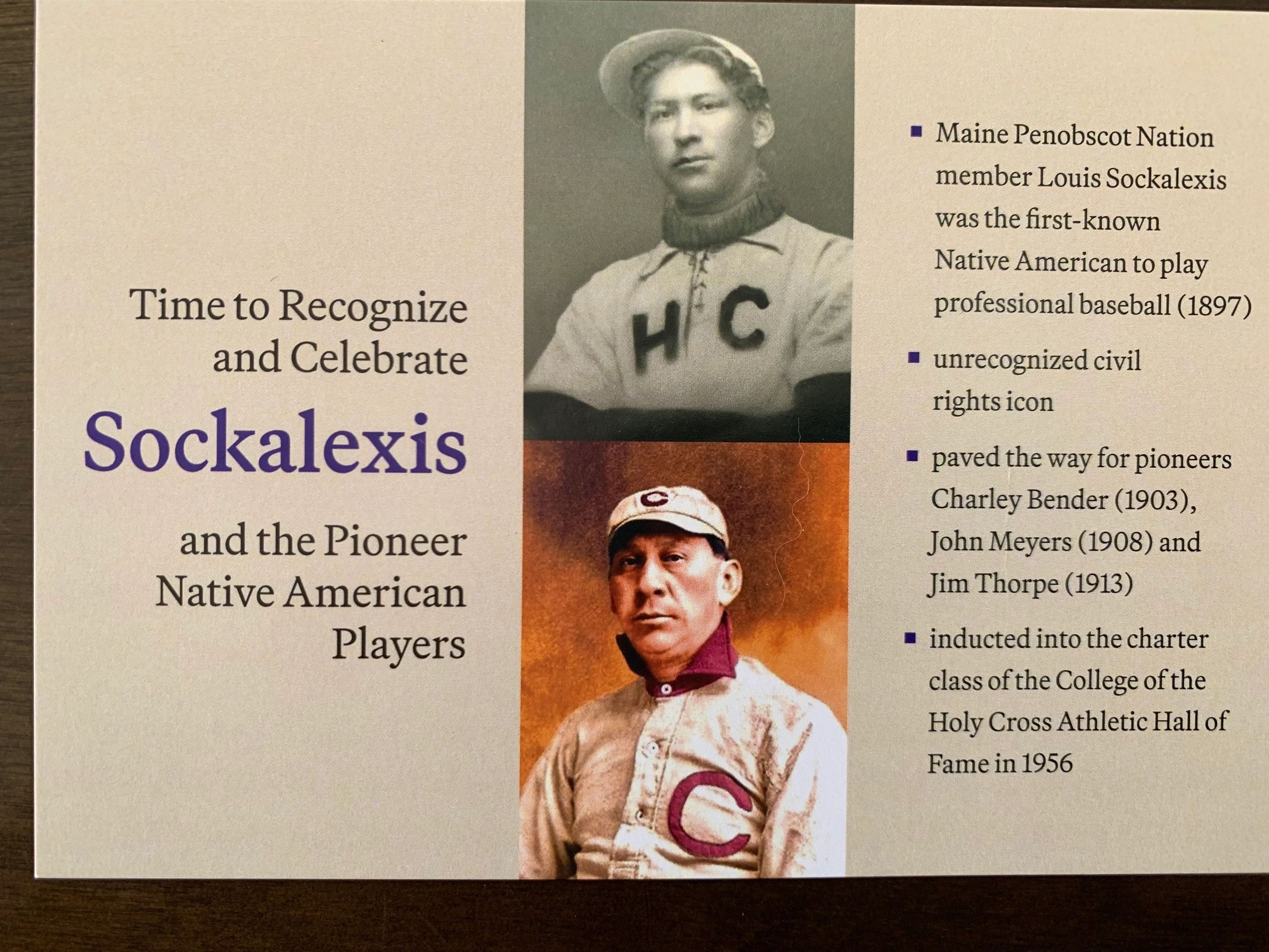 A postcard from the Sockalexis campaign. At top, he is wearing a Holy Cross uniform. The bottom image is during his time playing for an amateur team in Castine, Maine, after his pro career ended
