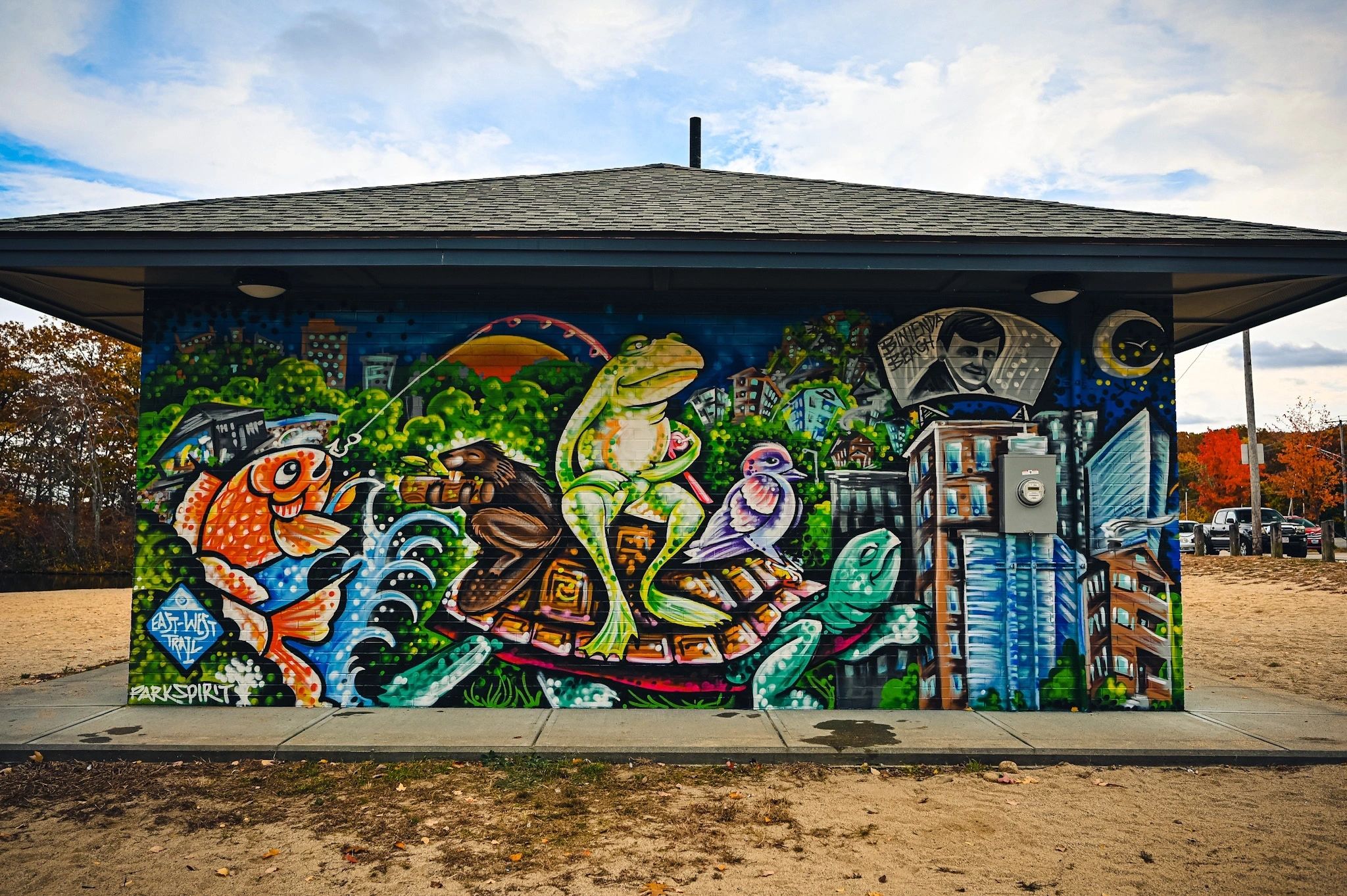  One of Eamon Gillen's murals on Binienda Beach Bathhouse at Coes Pond in Worcester (Photo by Eamon Gillen) 
