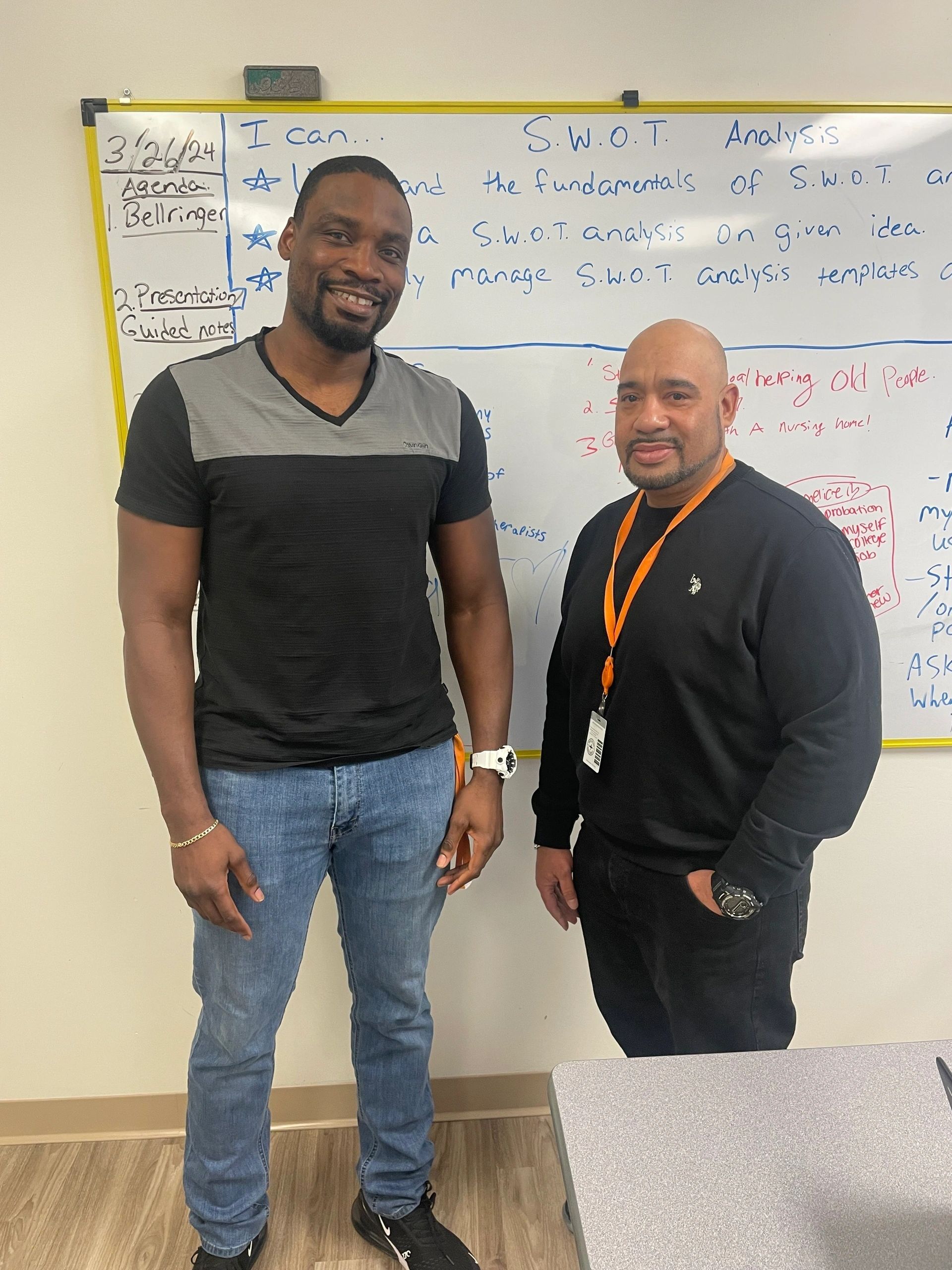 Demek Edmonds, left, and Rocky Gonzalez in the classroom (photo by Bill Doyle)