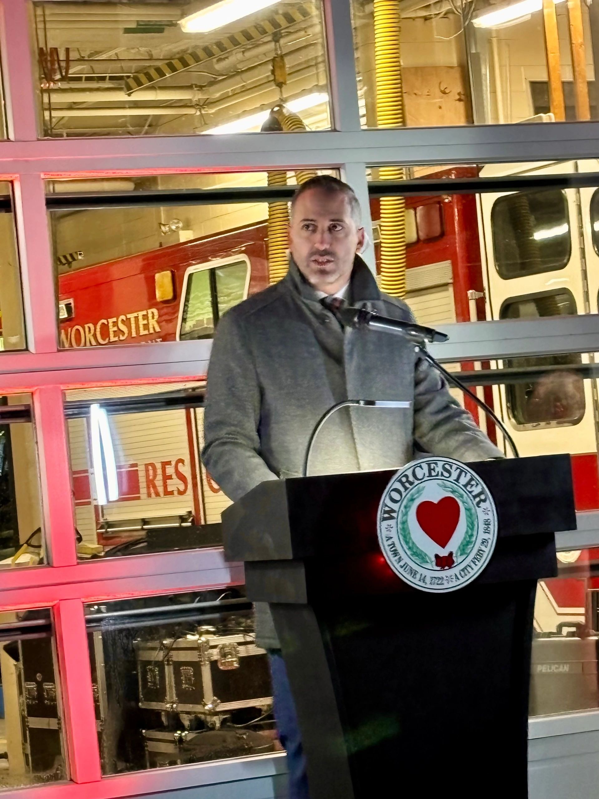 City manager Eric Batista speaks to a large crowd at the 25th anniversary Worcester 6 memorial ceremony (photo by Bill Doyle)