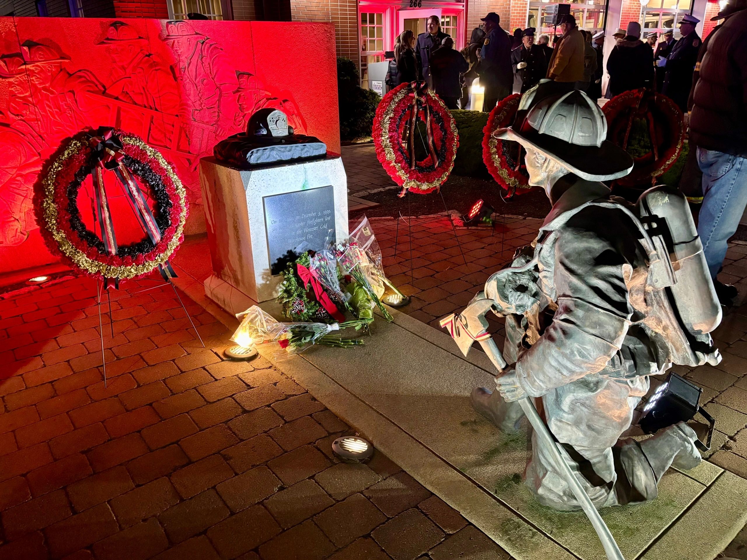 Wreaths were placed in memory of the six fallen Worcester firefighters (photo by Bill Doyle)