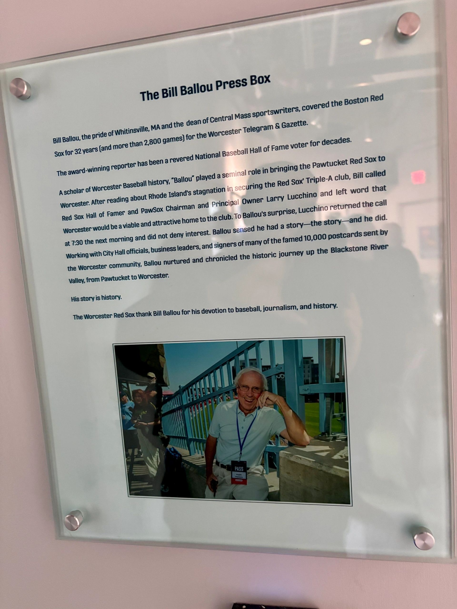 The plaque naming the Polar Park press box after Bill Ballou (photo by Bill Doyle)