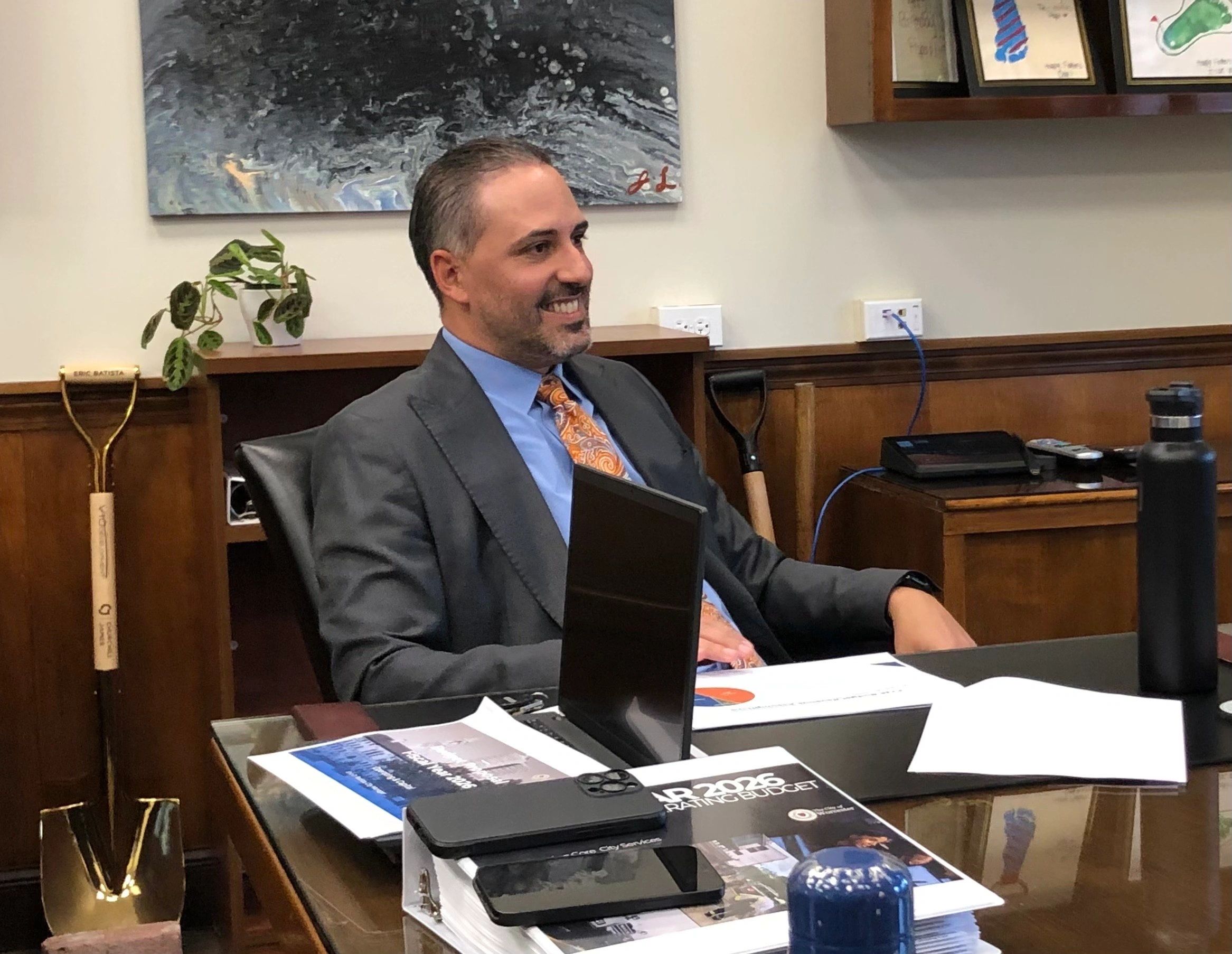City Manager Eric Batista fields questions from reporters during a FY2026 preliminary budget briefing on Tuesday, highlighting a 7.7% increase in the education budget and key investments in infrastructure and public safety (photo by Charlene Arsenault)